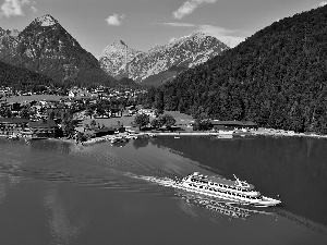 lake, Achensee, cruise, Town, Ship, Mountains, Tirol, Pertisau