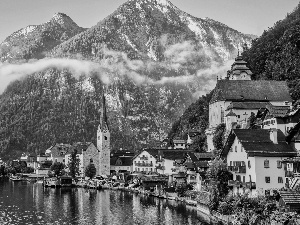 Hallstattersee Lake, Mountains, Church, Salzburg Slate Alps, Houses, Hallstatt, Austria, Fog