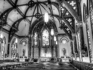 altar, vault, bench, stained glass, Church