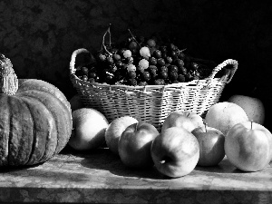 pumpkin, Grapes, apples, basket
