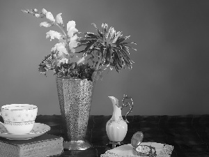 Flowers, composition, Astra, Vase, jug, napkin, cup, Book, Watch