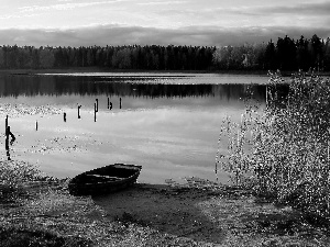 Boat, woods, autumn, lake