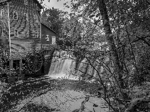 viewes, autumn, waterfall, trees, Watermill