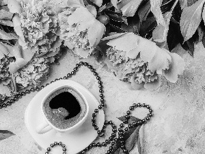 coffee, beads, Peonies, cup, Flowers