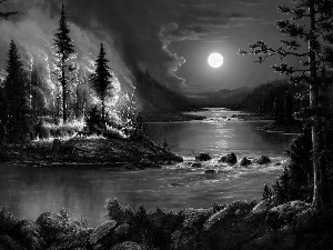 Big Fire, moon, forest, River, Night