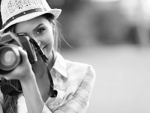 Camera, Park, girl, Hat, smiling
