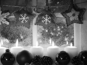 Candles, baubles, christmas, White, Red, Window, decoration