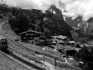 Mountains, train, Lauterbrunnen, Train, Houses, clouds, Switzerland