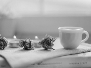 coffee, composition, candles, cup, roses