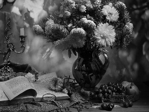 bouquet, composition, Astra, Vase, Truck concrete mixer, candlestick, magnifying glass, Grapes, Book