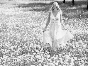 dress, Blonde, dandelions, Spring, Meadow, White