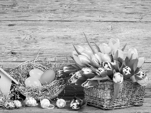 eggs, Baskets, Easter, composition, Hay, Tulips