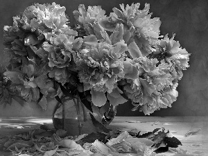 flakes, bowl, bouquet, Peonies, Flowers