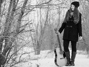 girl, Guitar, forest, snow, winter