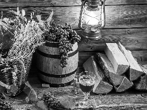 Demijohn, Nice Bottle, Wine, barrel, Wood, glass, Leaf, Oil Lamp, Grapes