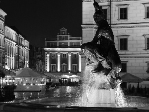 town hall, Night, Poznań, fountain, old town