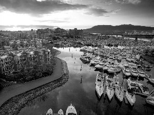 Yachts, Houses, reflection, Mountains, sun, Mooring, River, west