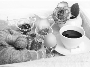 Jam, breakfast, egg, coffee, croissants