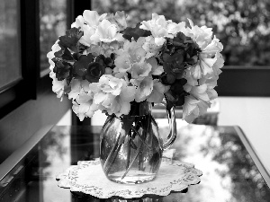 jug, napkin, Flowers, Freesias, bouquet