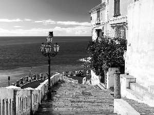 sea, Atrani, Lighthouse, Stairs, Houses, Italy