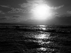 sea, Night, moon, Waves