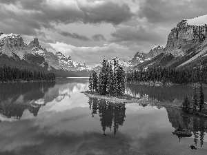 Maligne Lake, trees, Canada, viewes, Alberta, Mountains, Jasper National Park, clouds