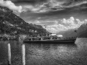 Mountains, Switzerland, cruise, lake, Ship