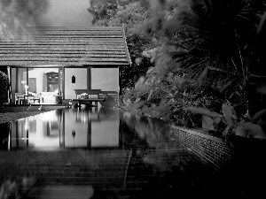 house, reflection, Night, Pool