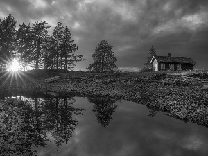 Ringerike, Norway, rays of the Sun, clouds, viewes, house, Boat, trees, Vaeleren Lake