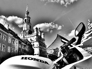 Old car, town hall, Honda, motor-bike, market, Poznań