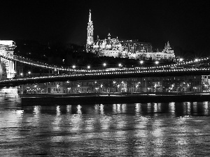 light, Town, River, Budapest, bridge, Night