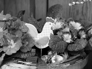 rooster, primroses, decorative