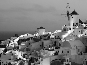 santorini, Greece, Houses, Night, Windmills