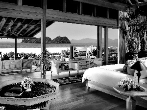 Bedroom, house, sea, Island, terrace, villa