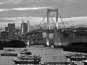 Tokio, dawn, sea, vessels, bridge, panorama