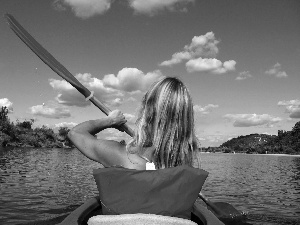 Women, lake, Sky, Kayak