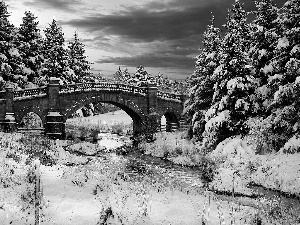 snow, bridge, trees, viewes, winter