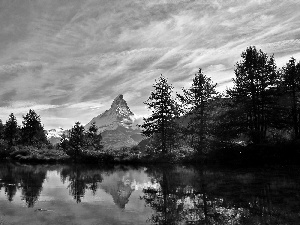 Spruces, reflection, clouds, lake, Matterhorn