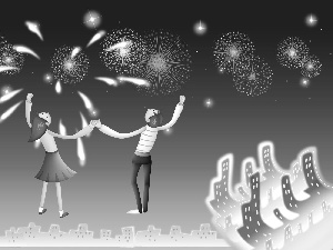 Steam, fireworks, New Year