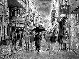 People, stores, Street, Rain