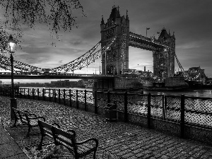 River Thames, Tower Bridge, Sunrise, bench, clouds, London, England, lanterns