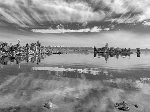 lake, Mono Lake, reflection, rocks, clouds, The United States, California, Sky
