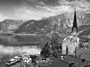Town Hallstatt, Austria, church, Cruise Ships, Hallstättersee Lake, Salzburg Slate Alps