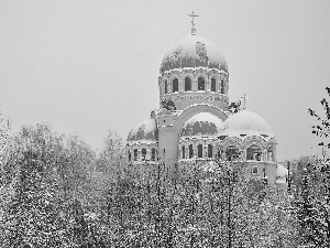 winter, Cerkiew, trees, viewes, snow, Domes