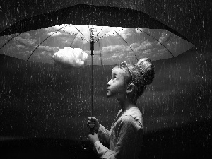 girl, Rain, Umbrella, clouds