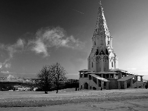 Church, Russia, viewes, winter, trees, Moscow