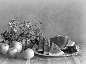 watermelon, plate, Aster, apples, Flowers