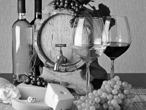 Wine, Grapes, Bottles, glasses, barrel