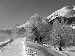 River, Way, winter, Mountains