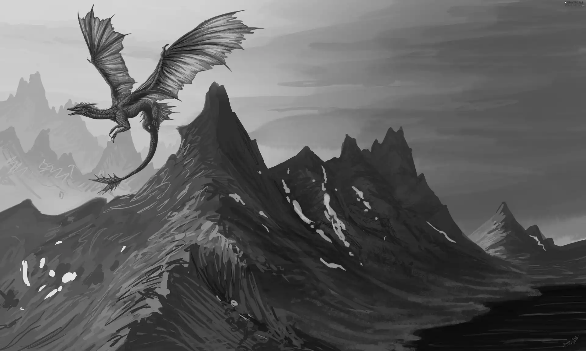 Dragon, Mountains, 2D, flight